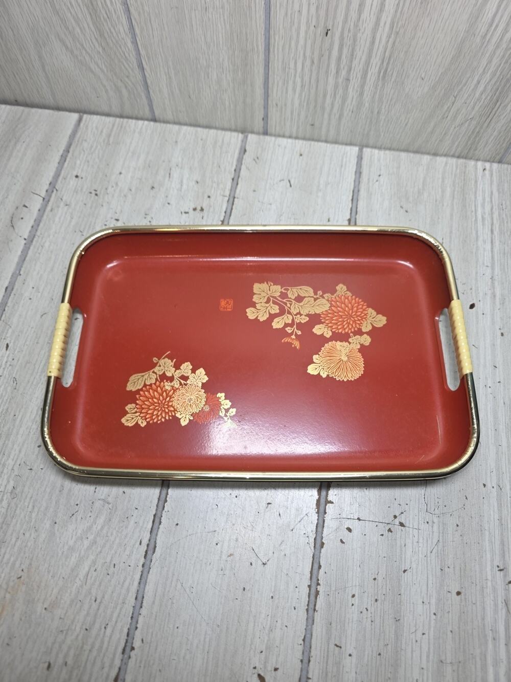 Vintage Japanese Lacquer Hand-painted Flower Tray Red 11x7 Cottagecore Grandma